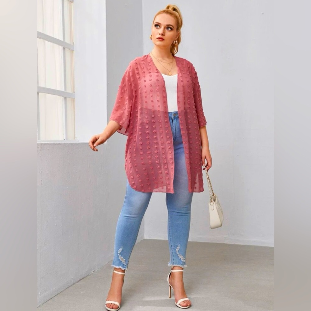 Plus Drop Shoulder Curved Hem Swiss Dot Kimono - Picture 1 of 4